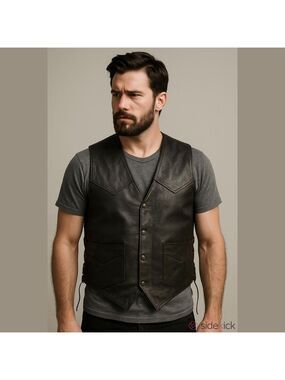 SHAF Black Leather Vest Size 54 Lace Up Sides Motorcycle Biker